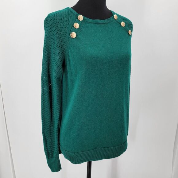 The Limited Sweater Womens Large Green Open Knit Sleeves Gold Button Accents - Picture 3 of 11